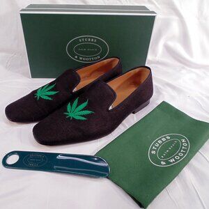 Stubbs & Wootton Bespoke Motif Slipper Loafer Slip On Linen Shoes Pot Leaf Weed